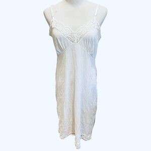 Vintage 60s White Ivory Full Slip Lace Trim Nylon 38 M Chemise Slip Dress
